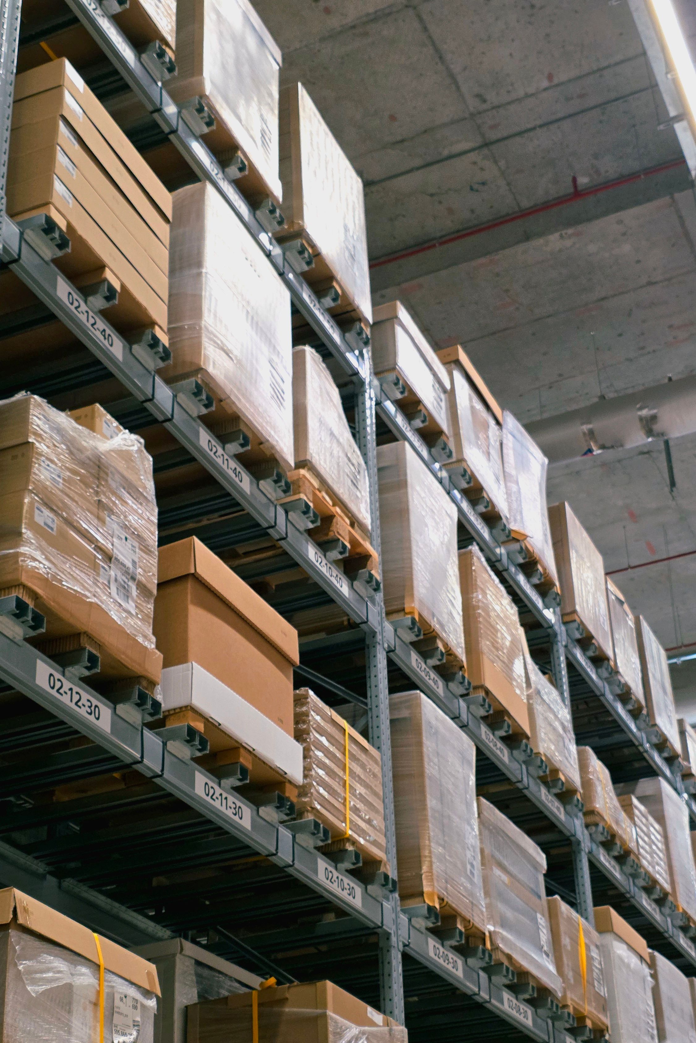 Warehouse pallet racking stocked with boxes
